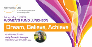 Women's Fund Luncheon Invitation showing a photo of the speaker and a colorful design